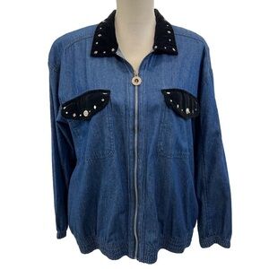 Vintage Mureli Women’s Large Blue Jean Kimono Zip Jacket Velvet Jewelry Beads